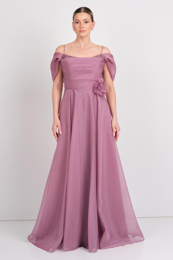 Saygın Kadın İp Asklı Taş İşlemeli Maxi Abiye Elbise 5607 Lila - Image 1
