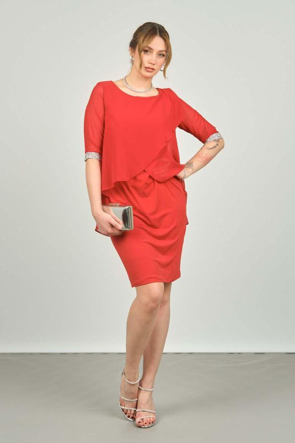 Escoll Kadın Sıfır Yaka Üstü Şifon Kol Manşetli Taşlı Abiye Elbise 1987 Kırmızı - Image 1
