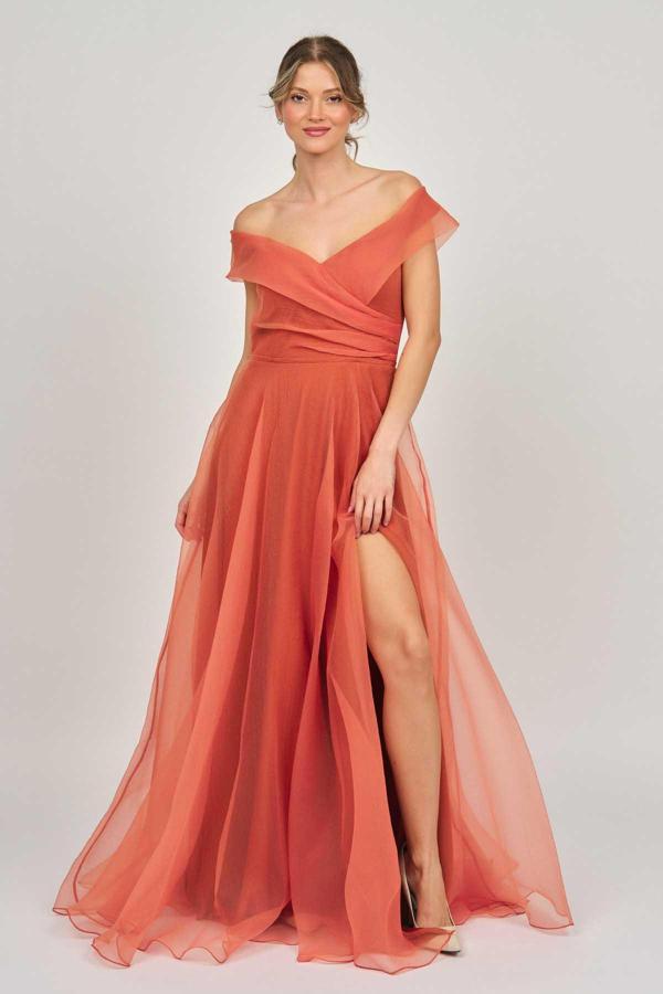 Şeref Vural Kadın Derin Yırtmaçlı Uzun Abiye Elbise 5437888 Oranj - Image 1