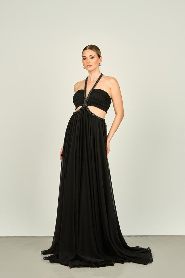 Ömür Inn Kadın Boyundan Örgü Bağlamalı Pencere Detaylı Şifon Abiye Elbise 4255 Siyah - Image 1