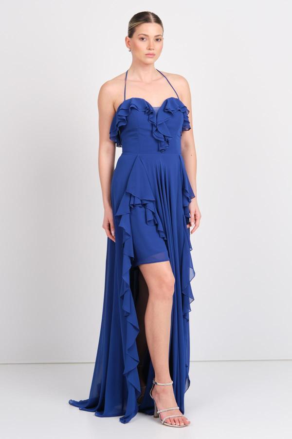 Saygın Kadın Boyundan Bağlamalı Kalp Yaka Fırfır Detaylı Uzun Abiye Elbise 5612 Saks - Image 1