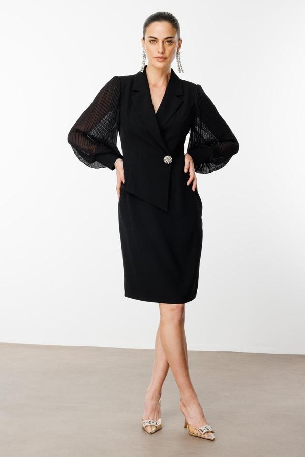 Moda İlgi Kadın Kolları Piliseli Kruvaze Kapamalı Midi Boy Elbise 6617 Siyah - Image 1