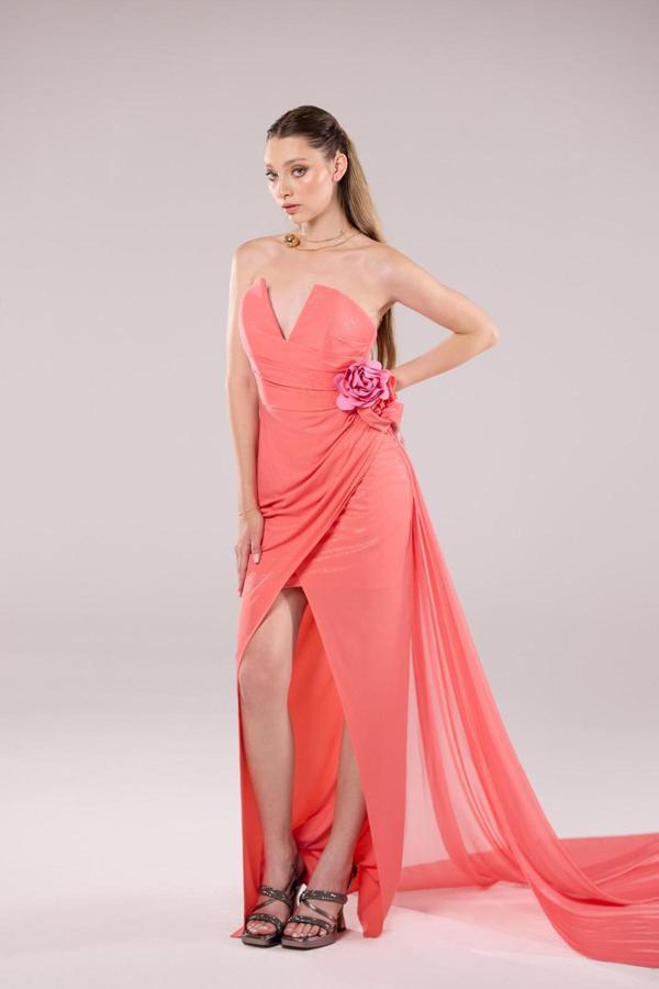 Degz Kadın Straplez Derin V Yaka Uzun Abiye Elbise 55499-02 Karides - Image 1