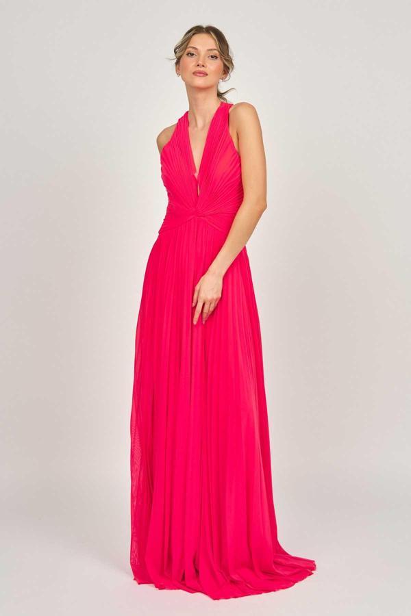 Şeref Vural Kadın Boyundan Bağlamalı Uzun Abiye Elbise 5437671 Nar Çiçeği - Image 1