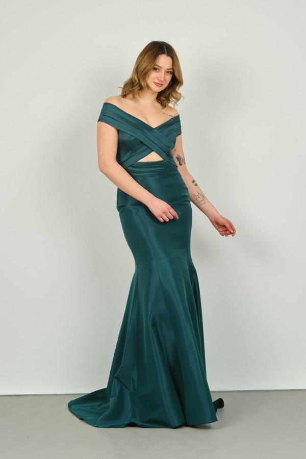 Şeref Vural Kadın Düşük Omuz Pencere Detaylı Balık Form Abiye Elbise 8239 Yeşil - Image 1