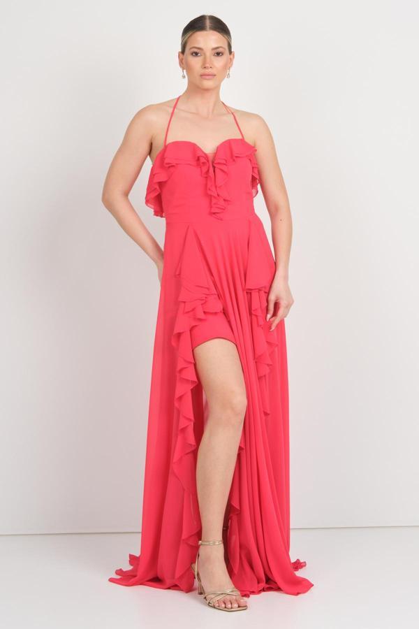 Saygın Kadın Boyundan Bağlamalı Kalp Yaka Fırfır Detaylı Uzun Abiye Elbise 5612 Kırmızı - Image 1