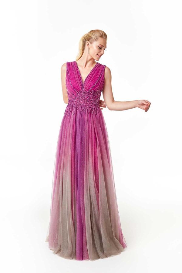 Ömür Inn Kadın V Yaka Kolsuz Uzun Abiye Elbise 23658 Fuşya - Image 1