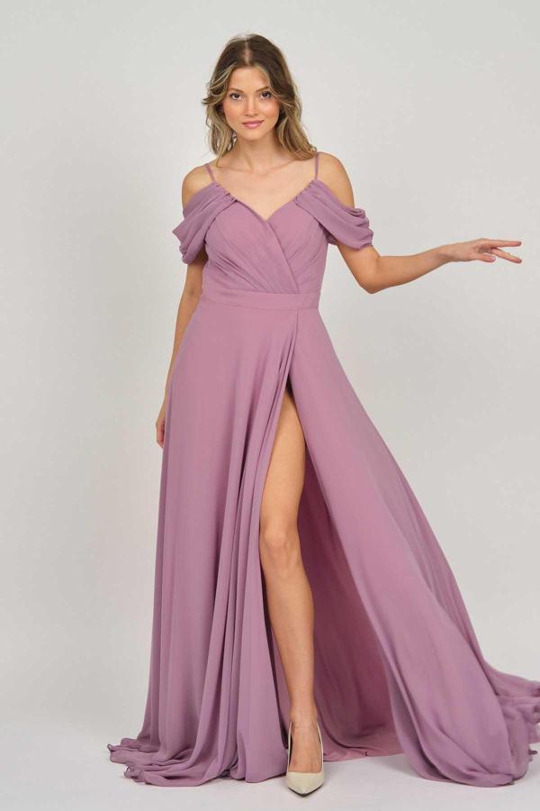 Lilas XXL Kadın Derin Yırtmaçlı Uzun Abiye Elbise 5481027 Gül Kurusu - Image 1