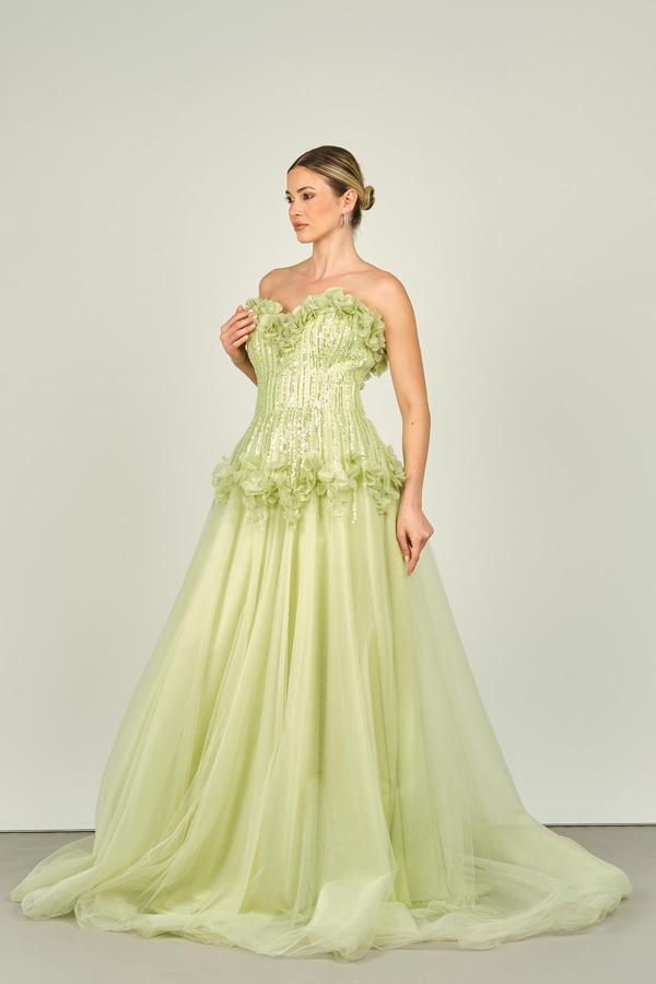 Ömür Inn Kadın Straplez Beli Korsajlı Eteği Tül Uzun Abiye Elbise 4120 Elma Yeşili - Image 1