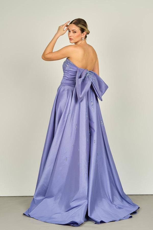 Ömür Inn Kadın Straplez Taş ve Payet İşlemeli Saten Uzun Abiye Elbise 4138 Kraliyet Mavisi - Image 1