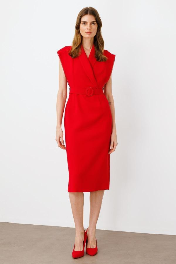 Moda İlgi Kadın Kol Ağzı Boncuk Aksesuar Detaylı Elbise 0015 Kırmızı - Image 1
