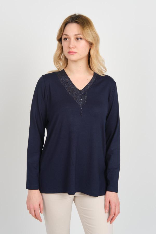 Detay Triko Kadın V Yaka Taş Süslemeli Uzun Kol Bluz 4588 Lacivert - Image 1