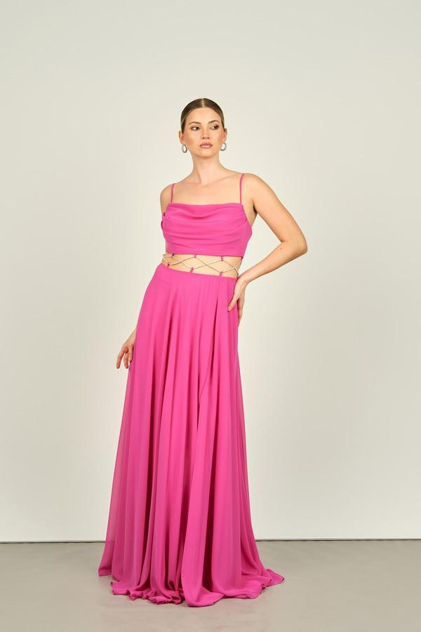 Saygın Kadın Askılı Göbek Tranparan ve Taş Detaylı Şifon Abiye Elbise 4584 Fuşya - Image 1