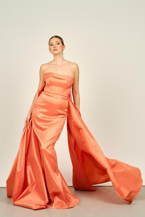 Ömür Inn Kadın Straplez Fiyonk ve Kuyruk Detaylı Abiye Elbise 4244 Oranj - Image 1