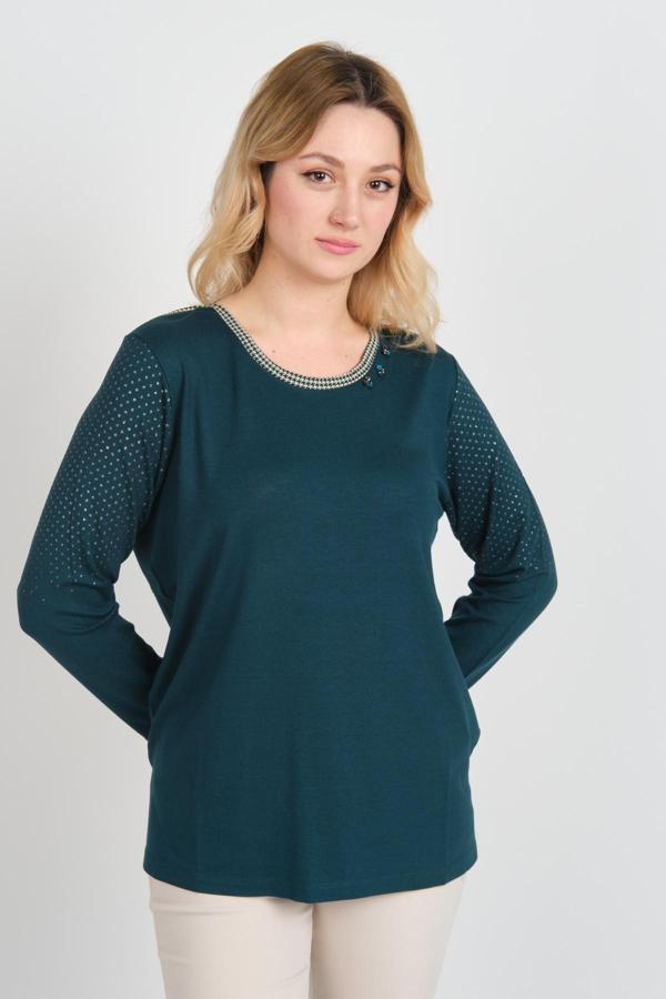 Detay Triko Kadın Bisiklet Yaka Süsleme Detaylı Uzun Kol Bluz 4530 Zümrüt - Image 1