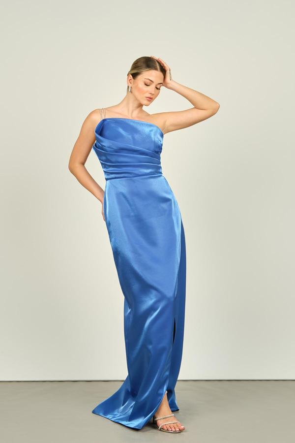 Saygın Kadın Taş Zincir Askılı Balık Form Saten Abiye Elbise 4547 Saks - Image 1