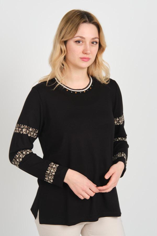 Detay Triko Kadın Bisiklet Yaka Kolları ve Yakası İşlemeli Uzun Kol Bluz 4539 Siyah - Image 1