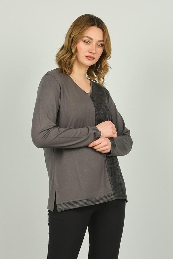 Detay Triko Kadın V Yaka Desenli Uzun Kol Bluz 4552 Gri - Image 1