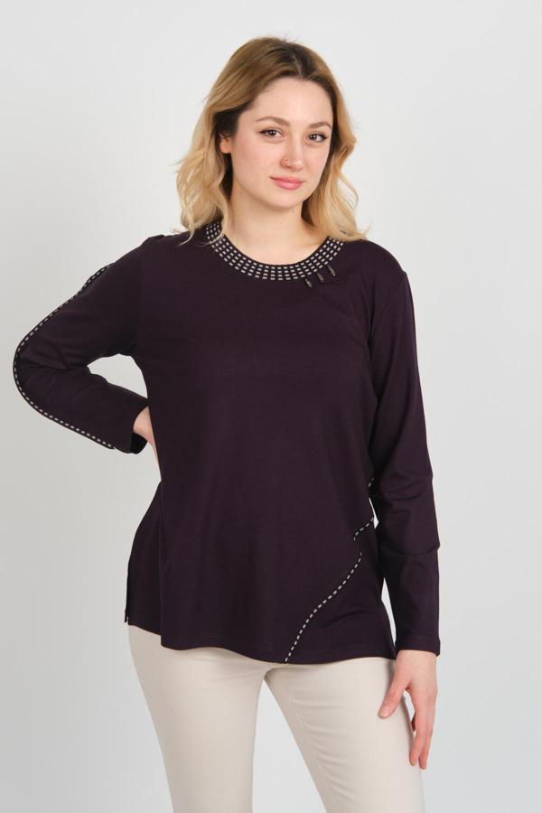 Detay Triko Kadın Yakası ve Tek Kolu Desenli Taşlı Metal Aksesuarlı Anne Bluz 5714 Mürdüm - Image 1