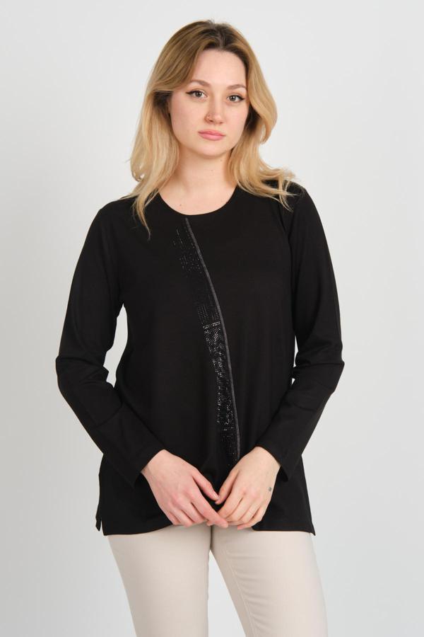 Detay Triko Kadın Bisiklet Yaka Taş İşlemeli Uzun Kol Bluz 4565 Siyah - Image 1