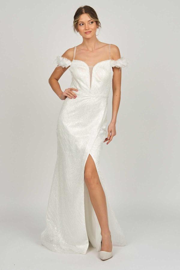 Saygın Kadın Payetli ve Dantelli Uzun Abiye Elbise 0992413 Ekru - Image 1