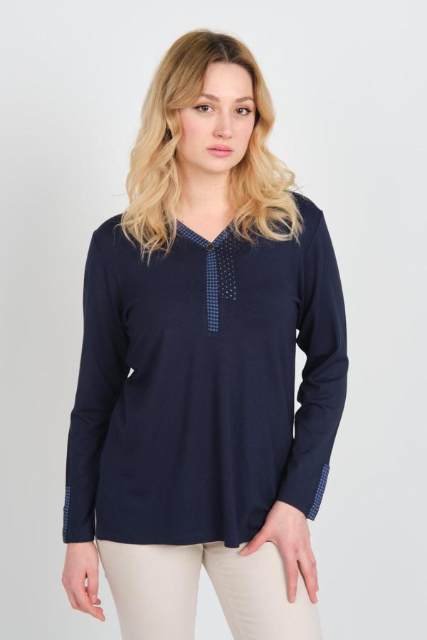 Detay Triko Kadın Kolları ve Yakası İşlemeli Uzun Kol Bluz 0507 Lacivert - Image 1
