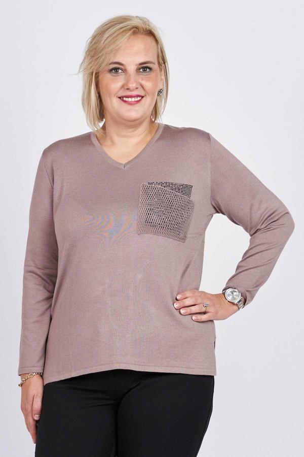 Büşra Triko Kadın Taşlı Cep Detaylı Kazak 3998217 Vizon - Image 1