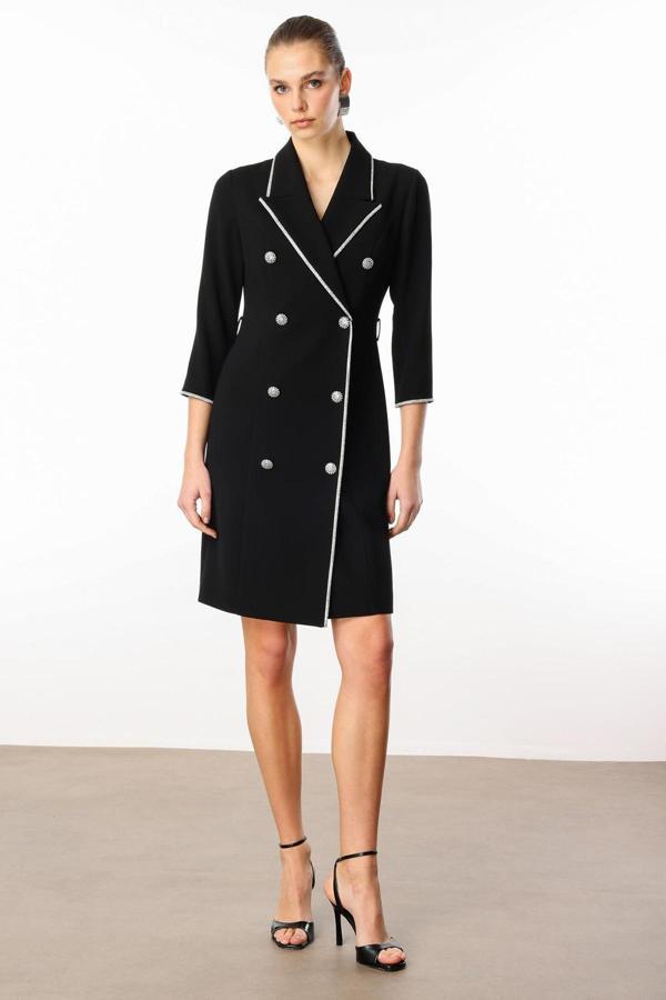 Moda İlgi Kadın Taş Şeritli Kruvaze Elbise 0005 Siyah - Image 1