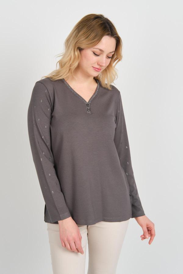 Detay Triko Kadın V Yaka Kolları ve Yakası İşlemeli Uzun Kol Bluz 4508 Gri - Image 1