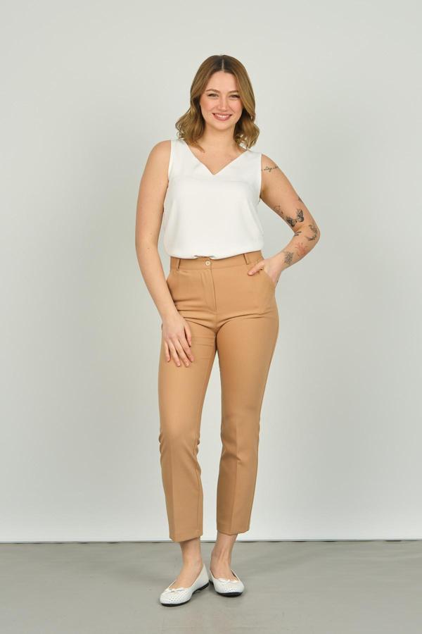 FA Pantolon Kadın Çift Cep Bilek Boy Dar Paça Pantolon 7002 Camel - Image 1