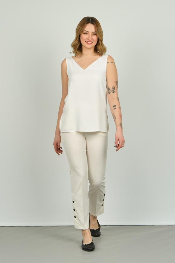 FA Pantolon Kadın Paçaları Düğmeli Dar Kalıp Pantolon 6001 Ekru - Image 1