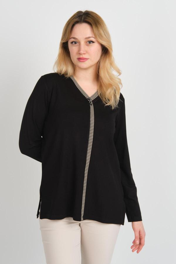 Detay Triko Kadın V Yaka Taş Detaylı Uzun Kol Bluz 4506 Siyah - Image 1
