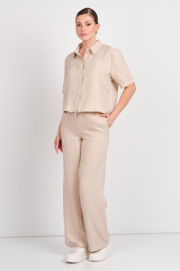 JDY Kadın Jdypower Çizgili Kısa Kollu Gömlek 15347235 Bej - Image 1