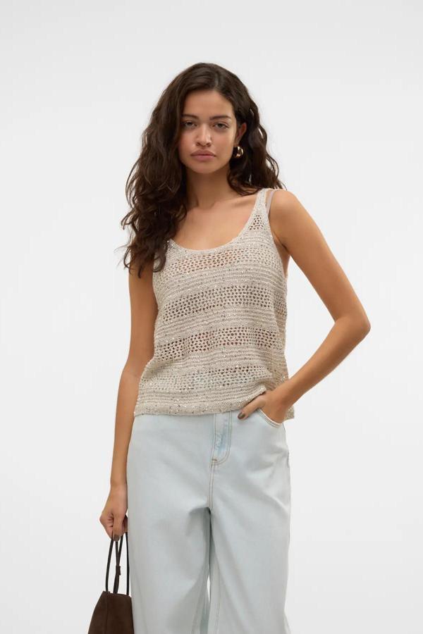 Vero Moda Kadın Coll Payetli Kolsuz Mevsimlik Kazak 10327759 Bej - Image 1