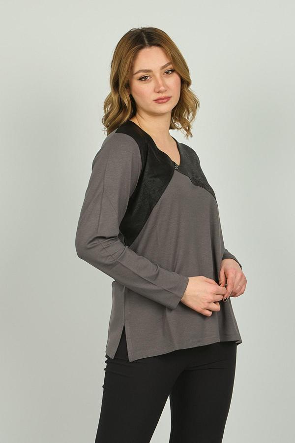 Detay Triko Kadın V Yaka Suni Deri Detaylı Uzun Kol Bluz 4549 Gri - Image 1