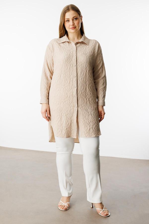 Moda İlgi Kadın Büyük Beden Gofre Kumaş Uzun Tunik 4218 Taş - Image 1