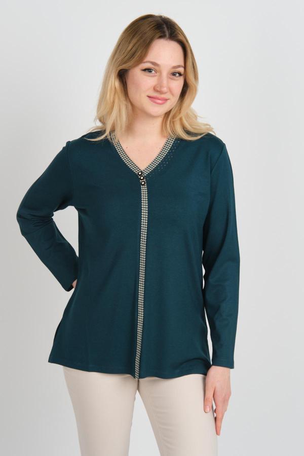 Detay Triko Kadın V Yaka Taş Detaylı Uzun Kol Bluz 4506 Zümrüt - Image 1
