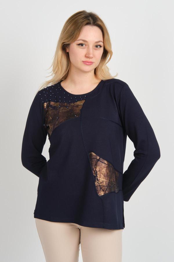 Detay Triko Kadın Boncuk İşlemeli Parlak Desenli Uzun Kol Anne Bluz 5744 Lacivert - Image 1