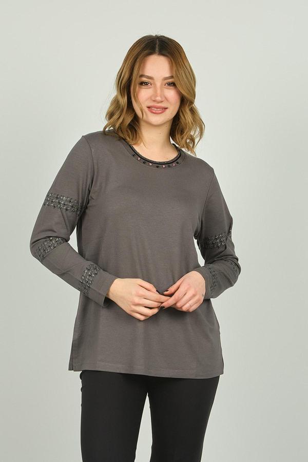 Detay Triko Kadın Bisiklet Yaka Kolları ve Yakası İşlemeli Uzun Kol Bluz 4539 Gri - Image 1