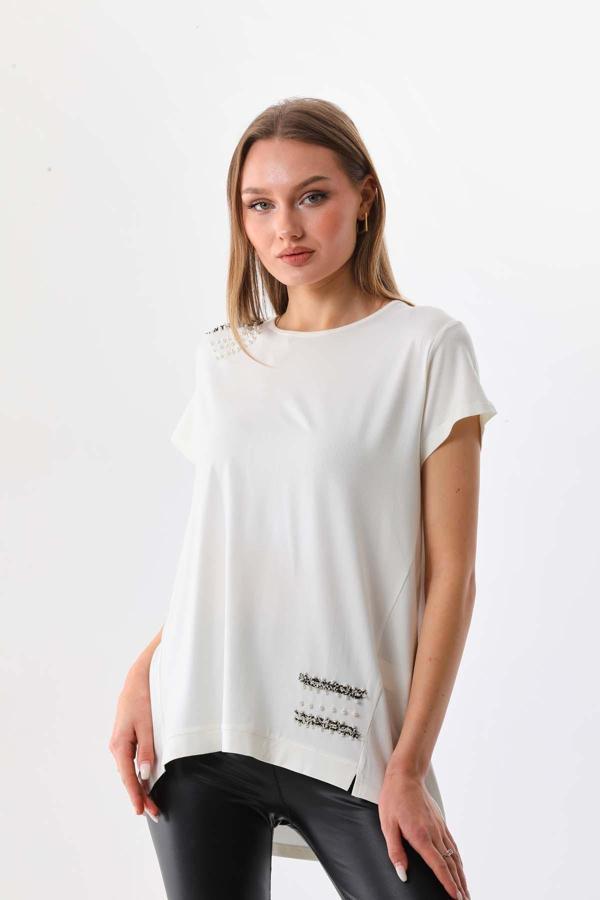 Büşra Triko Kadın İnci Süslemeli Kısa Kol Penye Bluz 19463 Ekru - Image 1