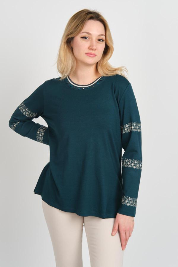 Detay Triko Kadın Bisiklet Yaka Kolları ve Yakası İşlemeli Uzun Kol Bluz 4539 Zümrüt - Image 1