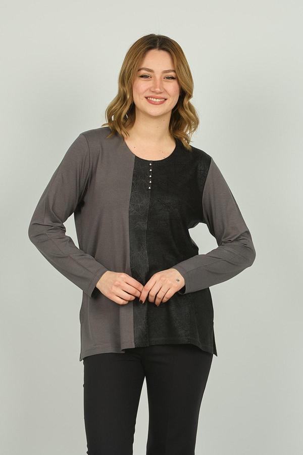 Detay Triko Kadın Suni Deri Detaylı ve Desenli Uzun Kol Bluz 4553 Gri - Image 1