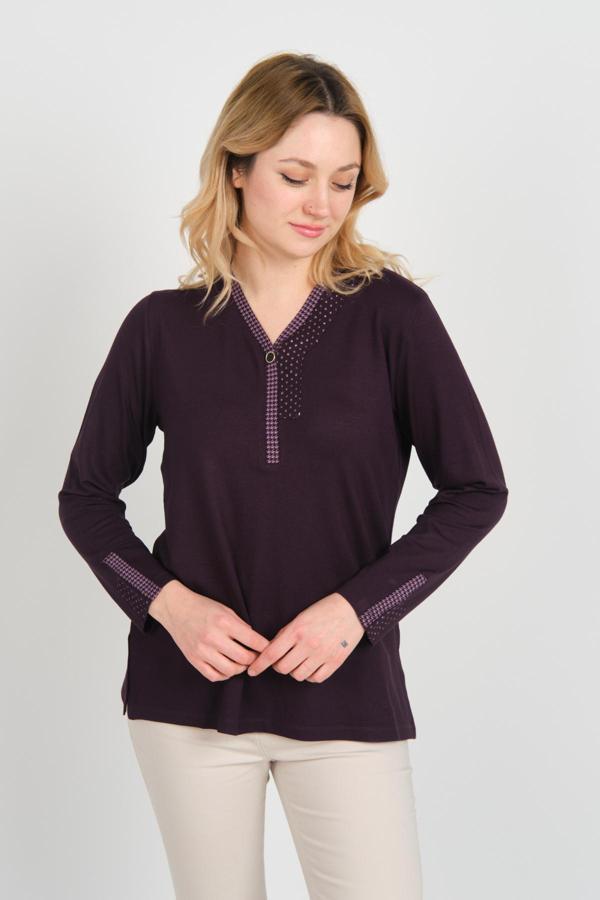 Detay Triko Kadın Kolları ve Yakası İşlemeli Uzun Kol Bluz 0507 Mor - Image 1