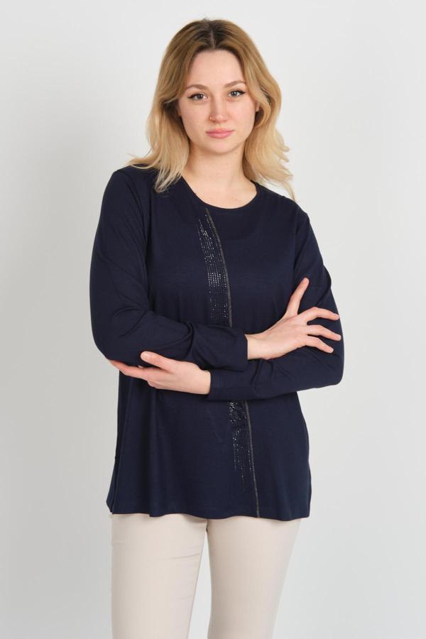 Detay Triko Kadın Bisiklet Yaka Taş İşlemeli Uzun Kol Bluz 4565 Lacivert - Image 1