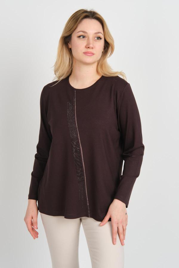Detay Triko Kadın Bisiklet Yaka Taş İşlemeli Uzun Kol Bluz 4565 Kahverengi - Image 1