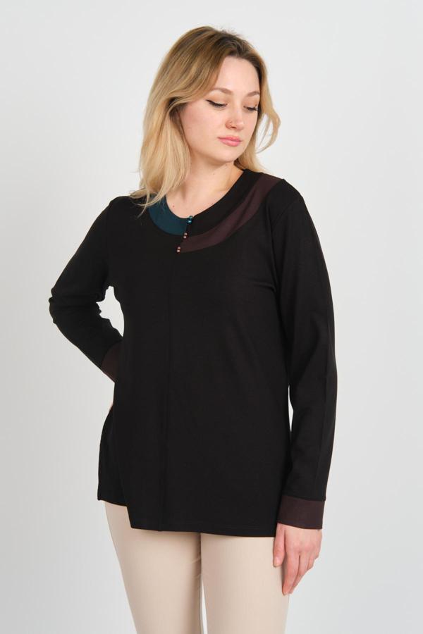 Detay Triko Kadın Boncuk Süslemeli Bisiklet Yaka Yanları Yırtmaçlı Anne Bluz 5723 Siyah - Image 1