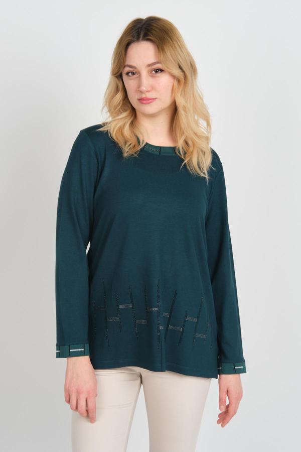 Detay Triko Kadın Taş İşlemeli Kolları ve Yakası Simli Yandan Yırtmaçlı Anne Bluz 5704 Zümrüt - Image 1