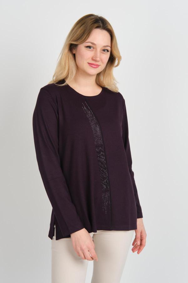 Detay Triko Kadın Bisiklet Yaka Taş İşlemeli Uzun Kol Bluz 4565 Mor - Image 1