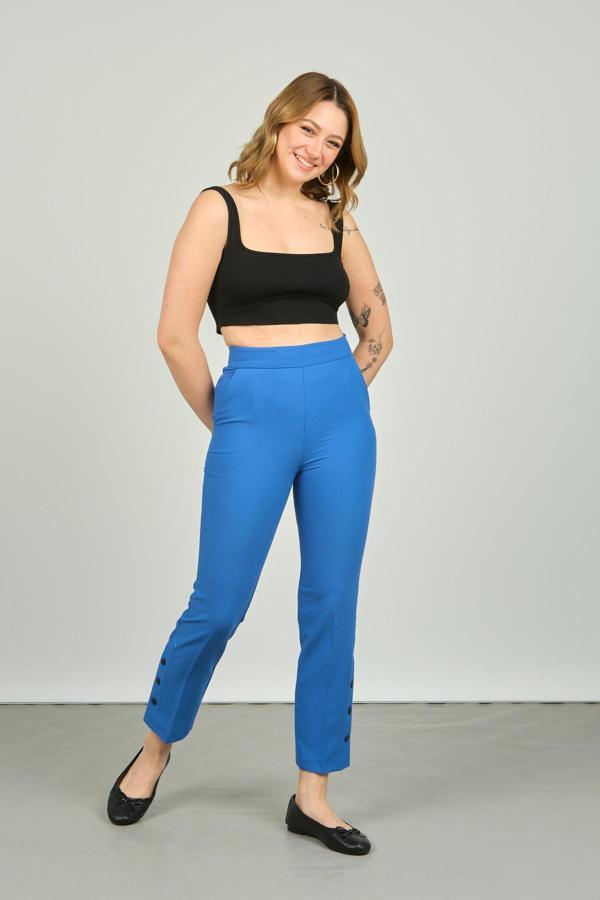 FA Pantolon Kadın Paçaları Düğmeli Dar Kalıp Pantolon 6001 Saks - Image 1