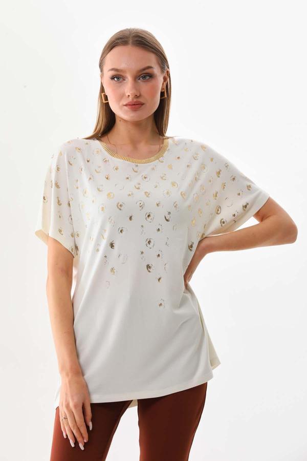 Büşra Triko Kadın Desenli Kısa Kol Penye Bluz 19152 Ekru - Image 1